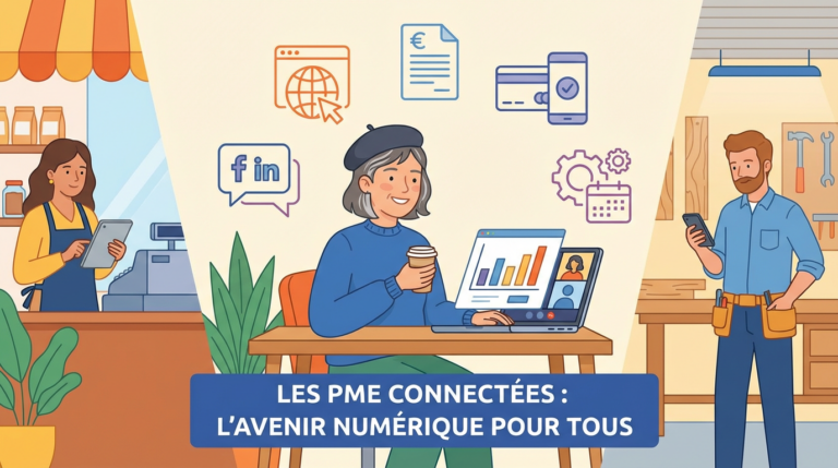 atelier numérique TPE : entrepreneurs diversifiés utilisant des outils digitaux avec confiance - transformation numérique accessible pour petites entreprises